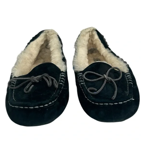 UGG Women SZ 9 TATE 10164 Black Suede Wool Lined Slip On Moccasin Slipper Shoe - Picture 3 of 12